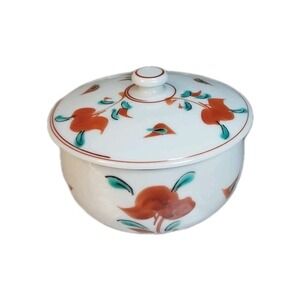 Japanese Signed Hand Painted 2" Porcelain Bowl w/Lid, Trinket & Jewelry Dish,
